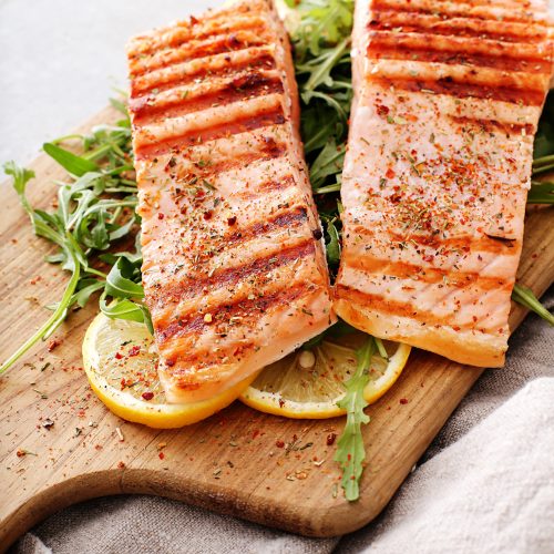 Food. Fried salmon on the table